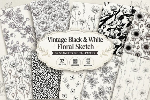 Download Vintage Black &amp; White Floral Sketch - Flora Collection