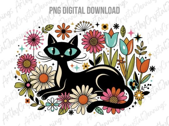 Download Retro 70s Black Cat Floral PNG - Flora Collection