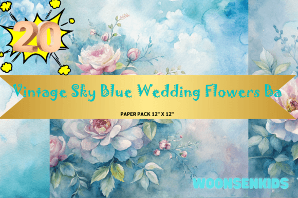 Download Beautiful Vintage Sky Blue Wedding Flowers Background Watercolor Png Kdp Digital Paper - Sky blue Collection