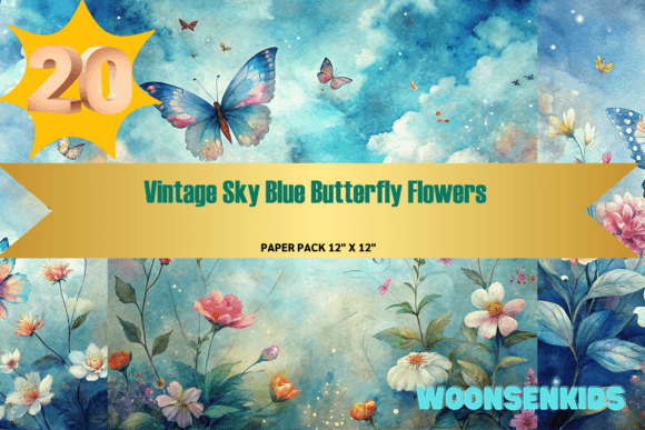 Download Beautiful Vintage Sky Blue Butterfly Flowers Background Watercolor Png Kdp Digital Paper - Sky blue Collection