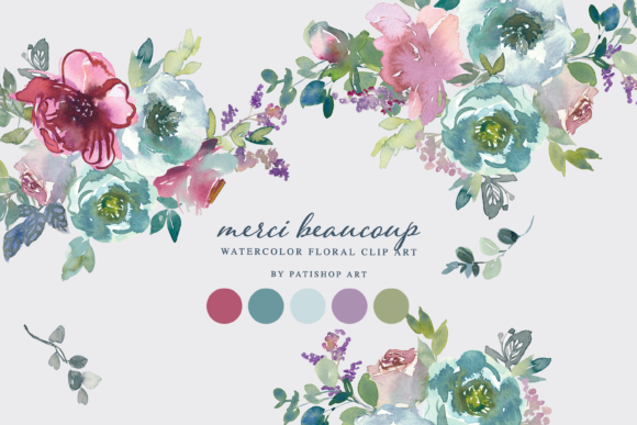 Download Watercolor Mint &amp; Mauve Floral Clipart - Flora Collection