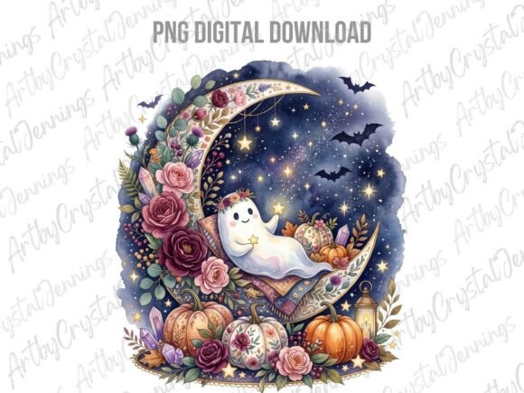 Download Boho Floral Ghost Moon Watercolor PNG - Flora Collection
