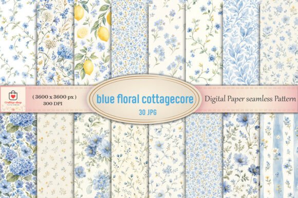 Download Blue Floral Cottagecore Digital Paper - Flora Collection