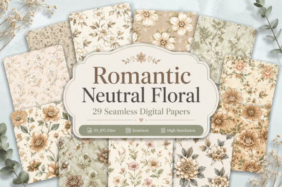 Download Romantic Neutral Floral Pattern Set - Flora Collection